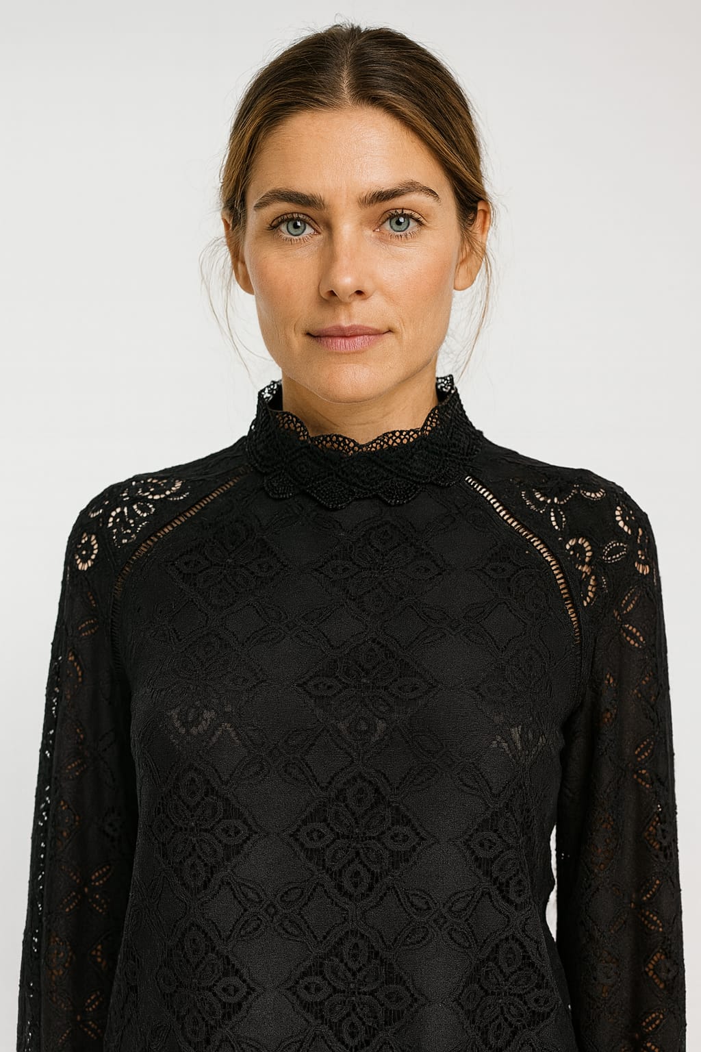 Elegant Black High-Neck Lace Long Sleeve Top