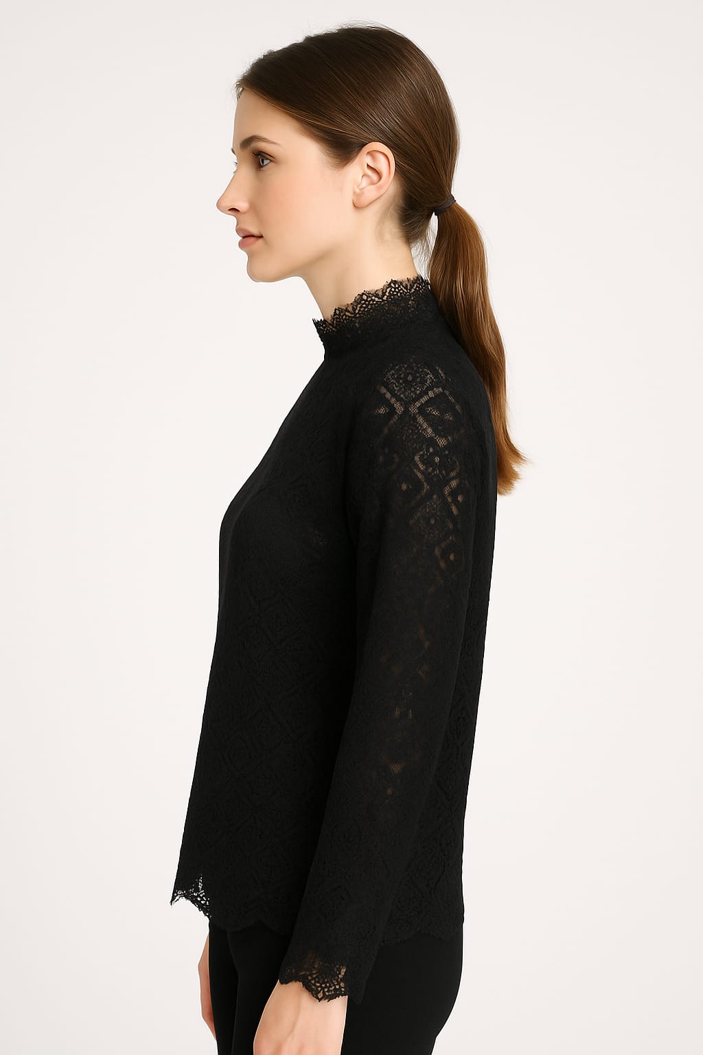Elegant Black High-Neck Lace Long Sleeve Top