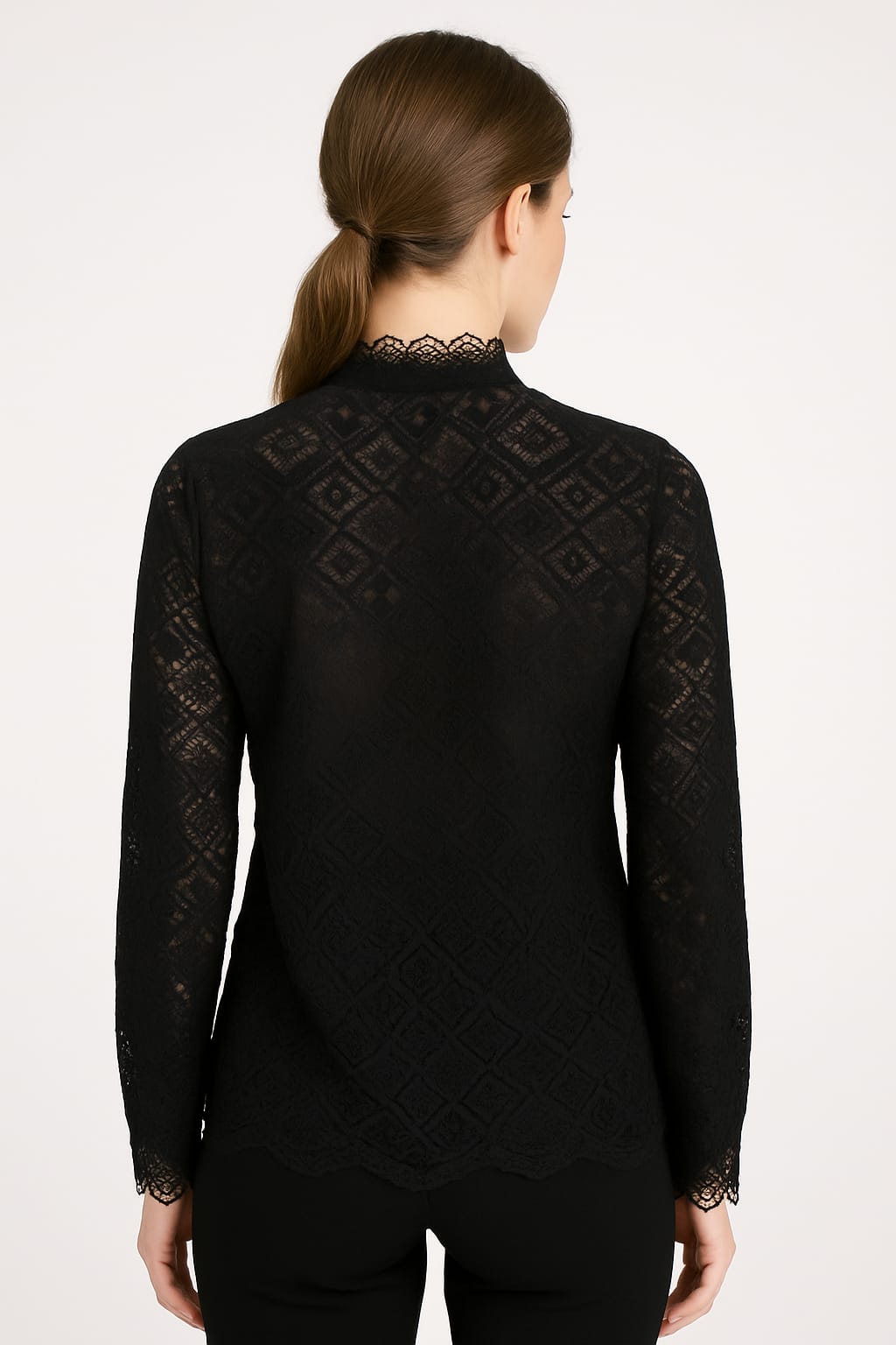 Elegant Black High-Neck Lace Long Sleeve Top