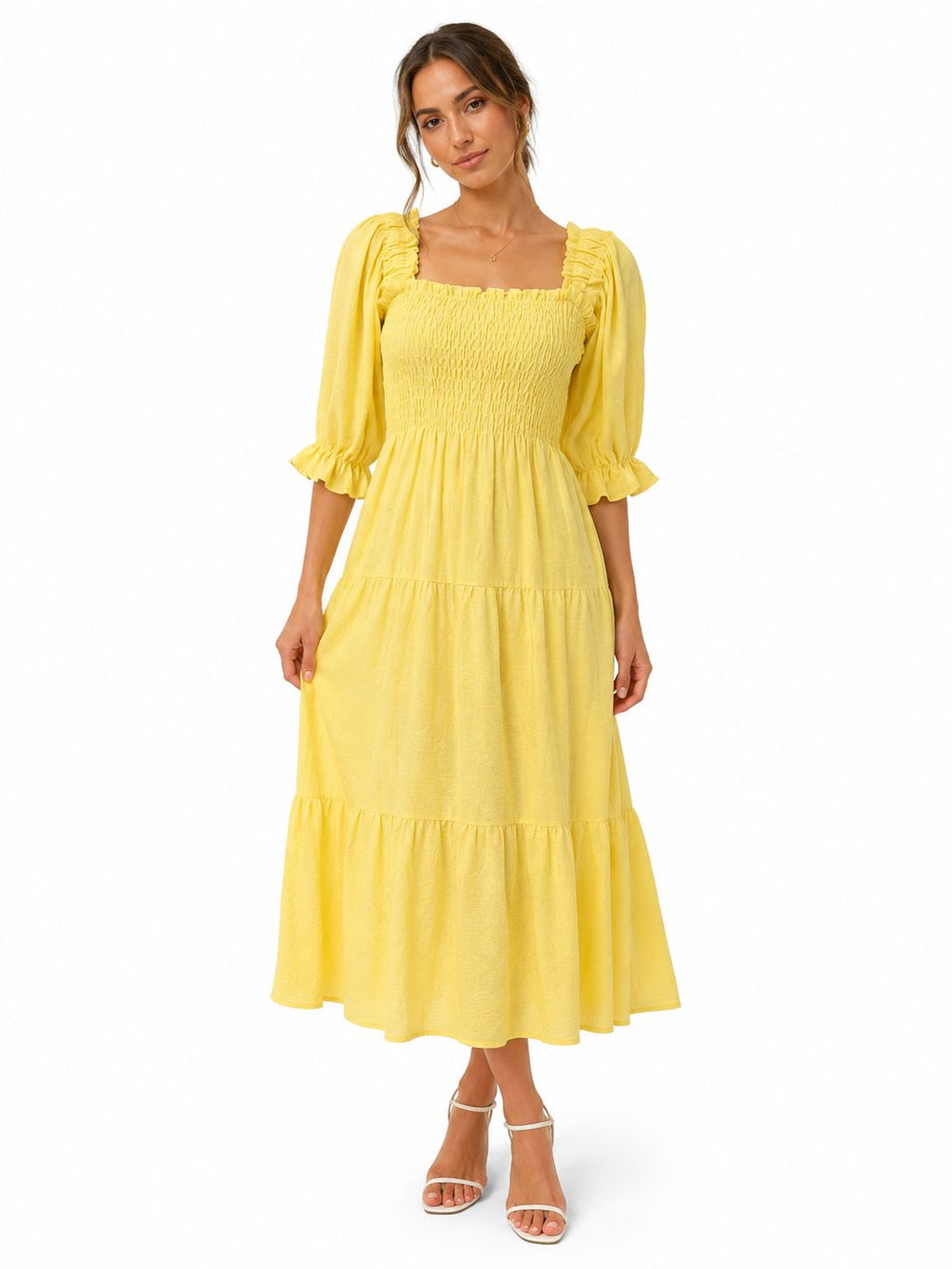 Smocked Tiered Maxi Dress – Puff Sleeve | Taupe / Cream / Yellow