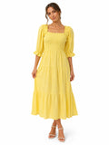 Smocked Tiered Maxi Dress – Puff Sleeve | Taupe / Cream / Yellow