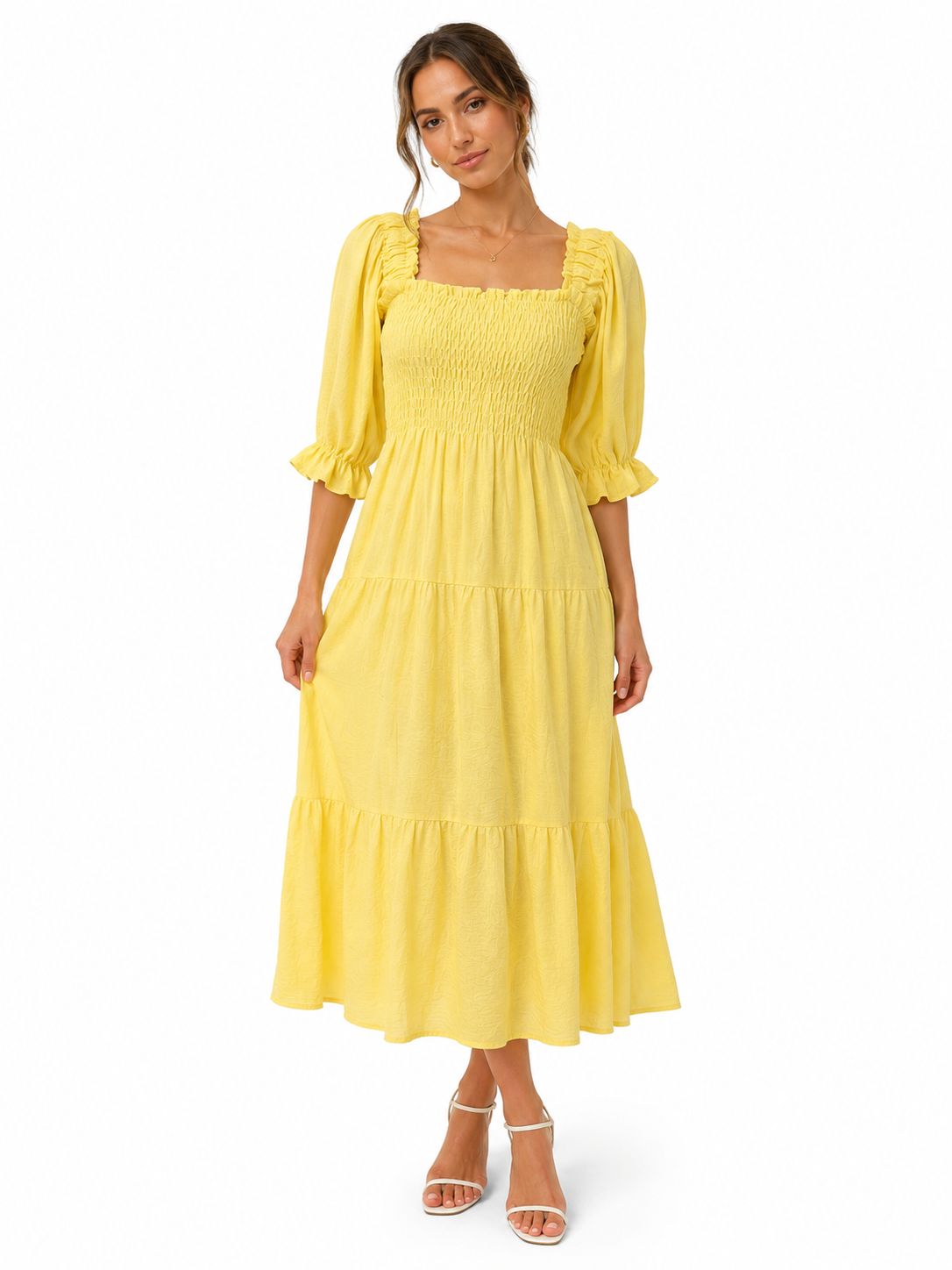 Smocked Tiered Maxi Dress – Puff Sleeve | Taupe / Cream / Yellow