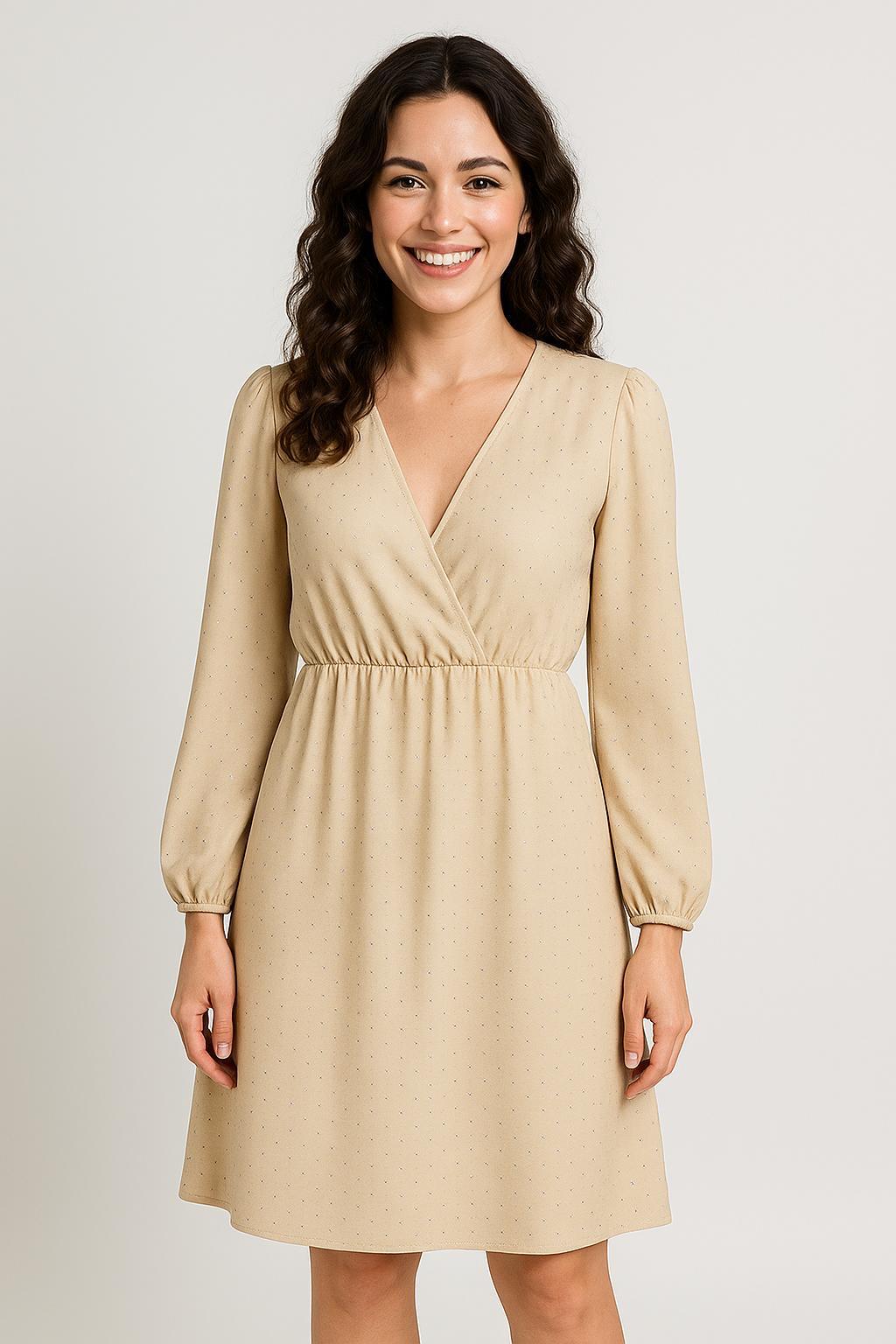 Elegant Beige Wrap Dress with Long Sleeves