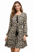 Leaf Print Boho Dress with Elastic Waist