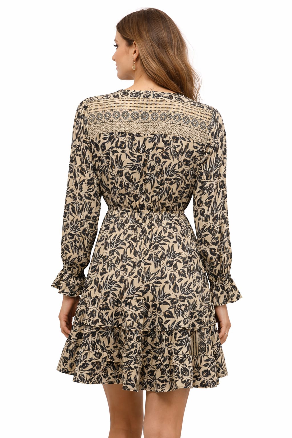 Leaf Print Boho Dress with Elastic Waist