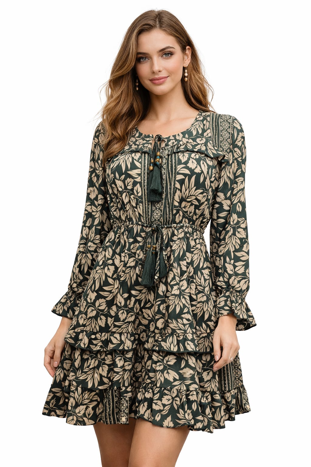 elegant bohemian leaf-print dress combines comfort