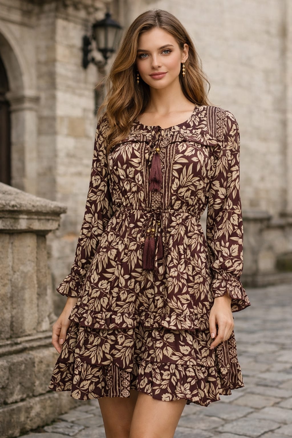 Bohemian Leaf Print Dress – Long Sleeve with Tassel Tie