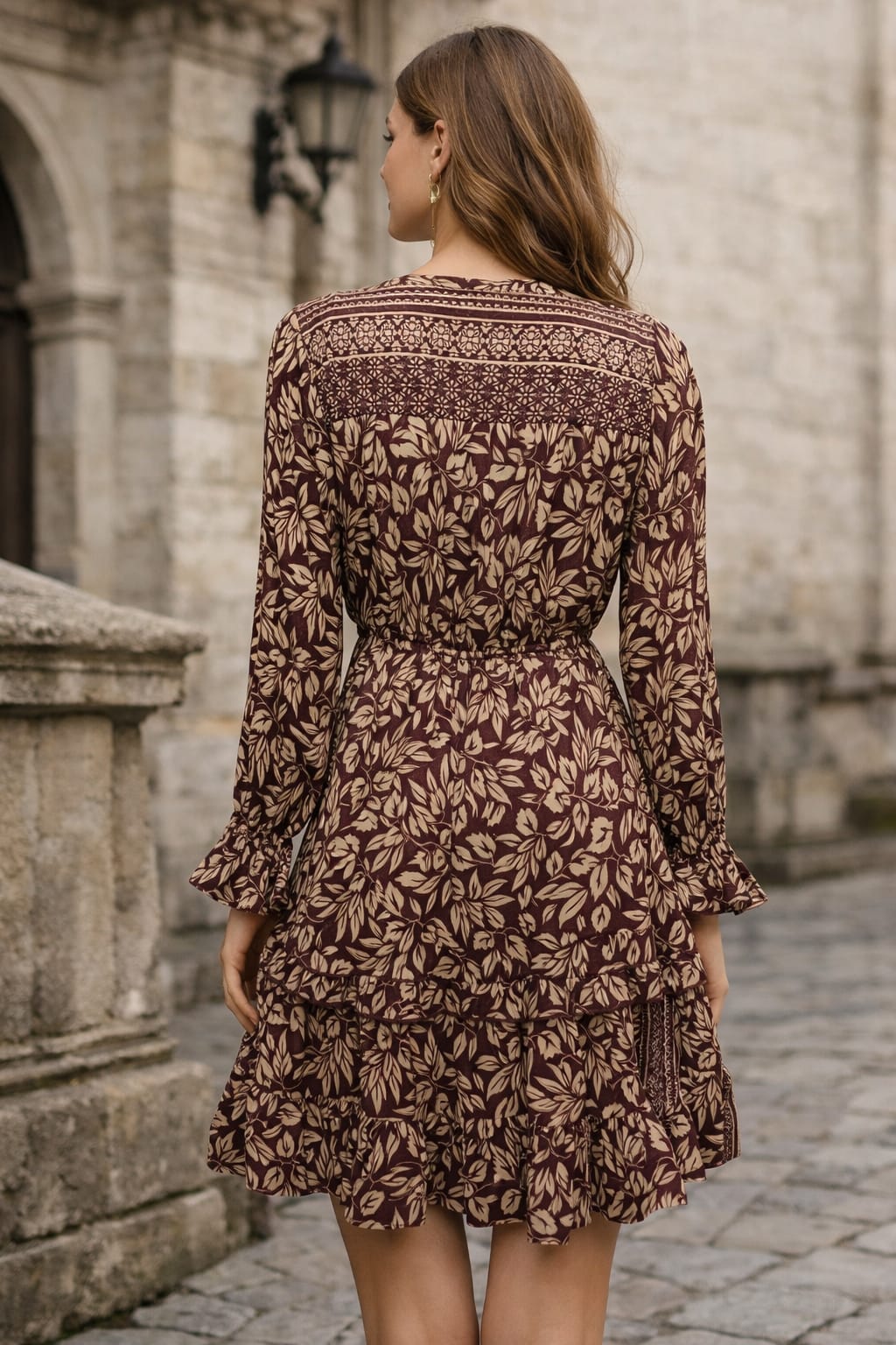 Bohemian Leaf Print Dress – Long Sleeve with Tassel Tie