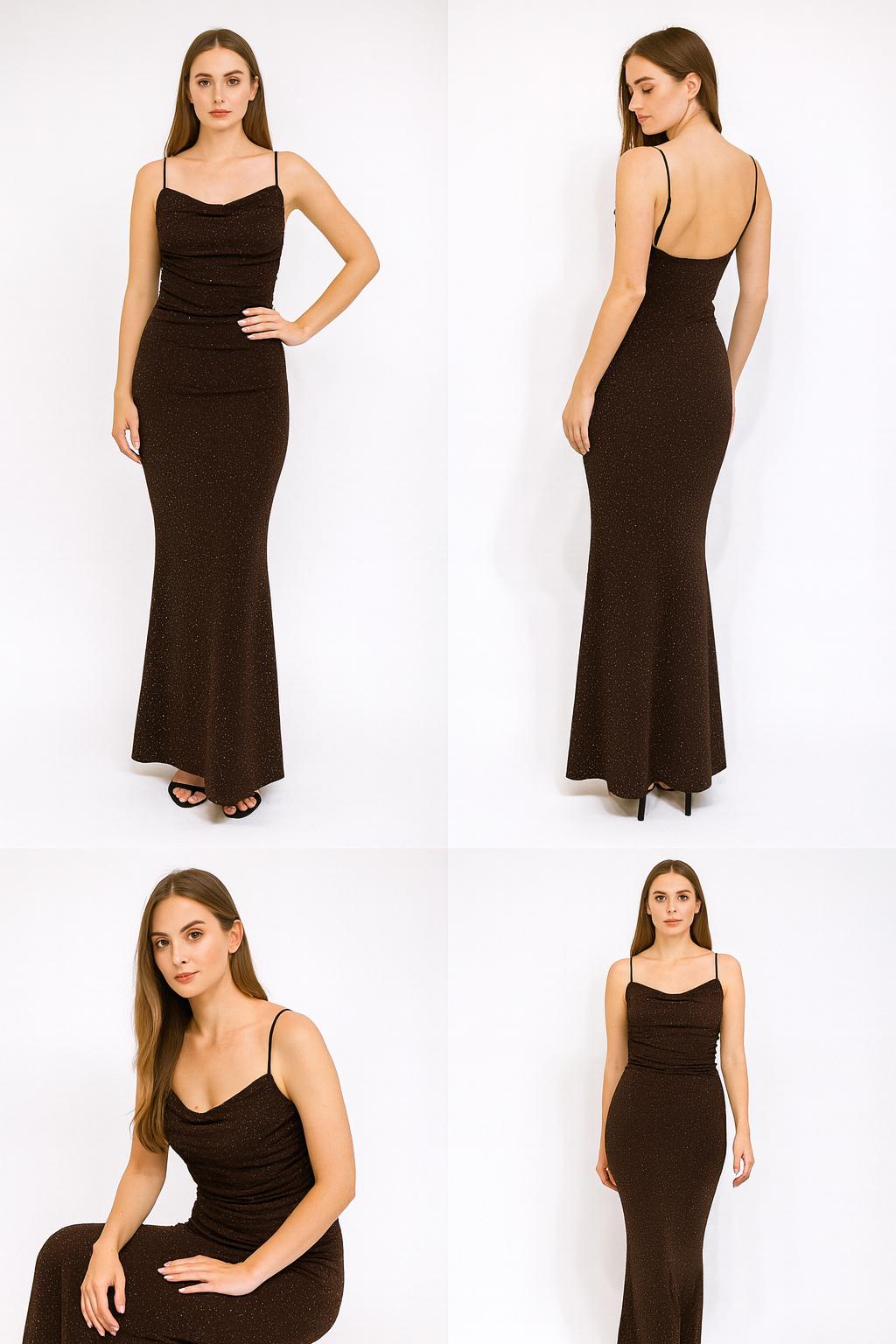 Elegant sparkle maxi dress of brown colour
