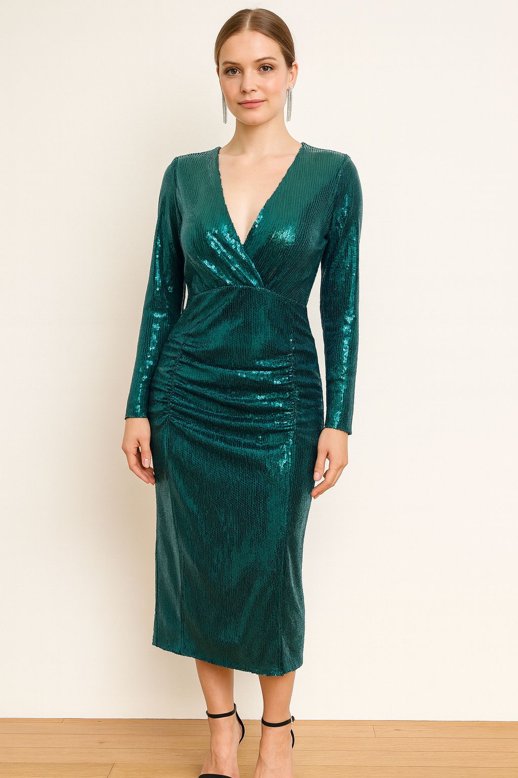 Emerald Sequin Midi Dress with V-Neck
