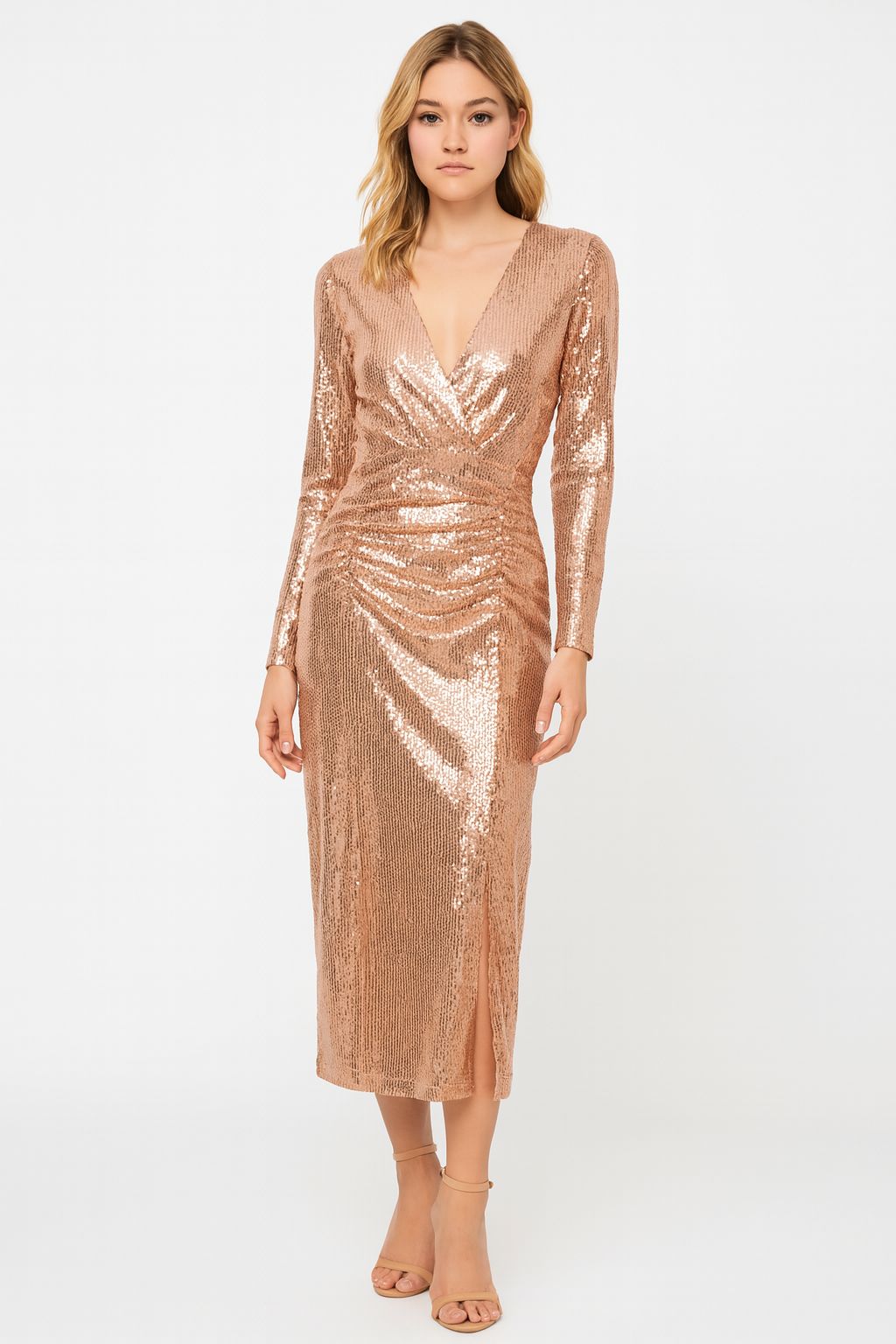 Rosegold Sequin Party Dress (Midi, V-Neck, Long Sleeve