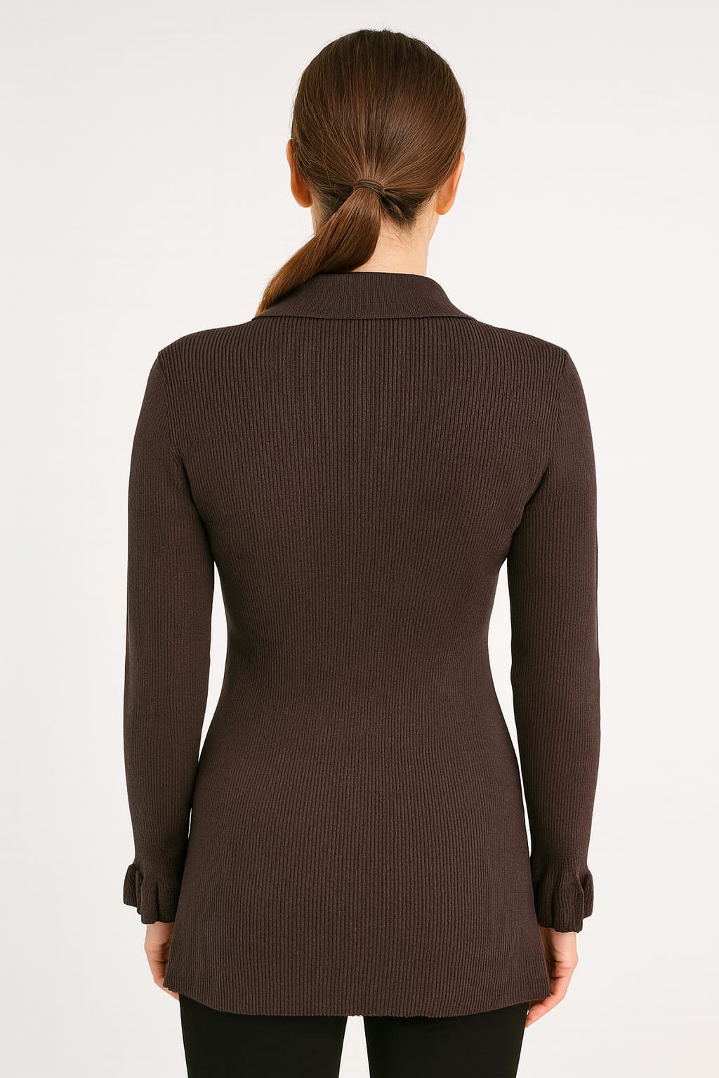 Brown Ribbed Gold-Button Elegant Long Sleeve Top