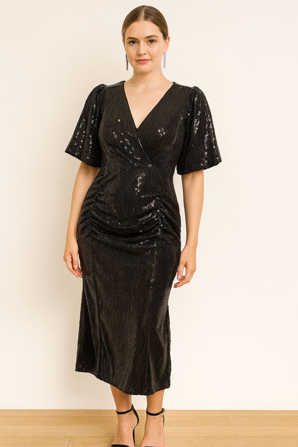 Luxury Black Sequin Midi Dress with V-Neck
