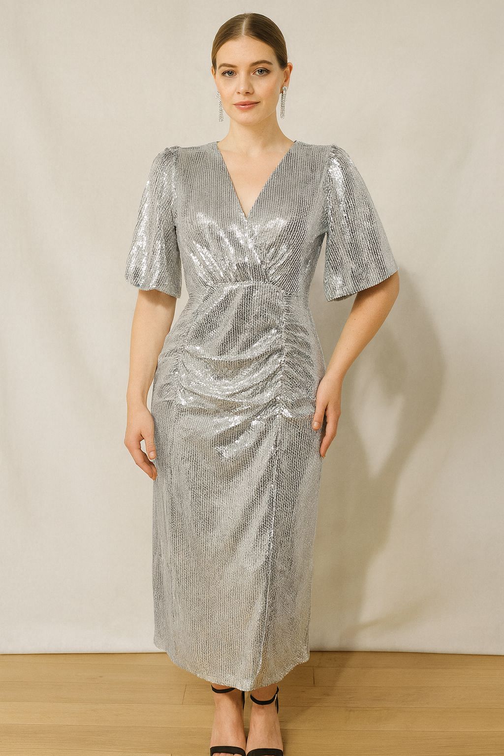Luxury silver Sequin Midi Dress with V-Neck