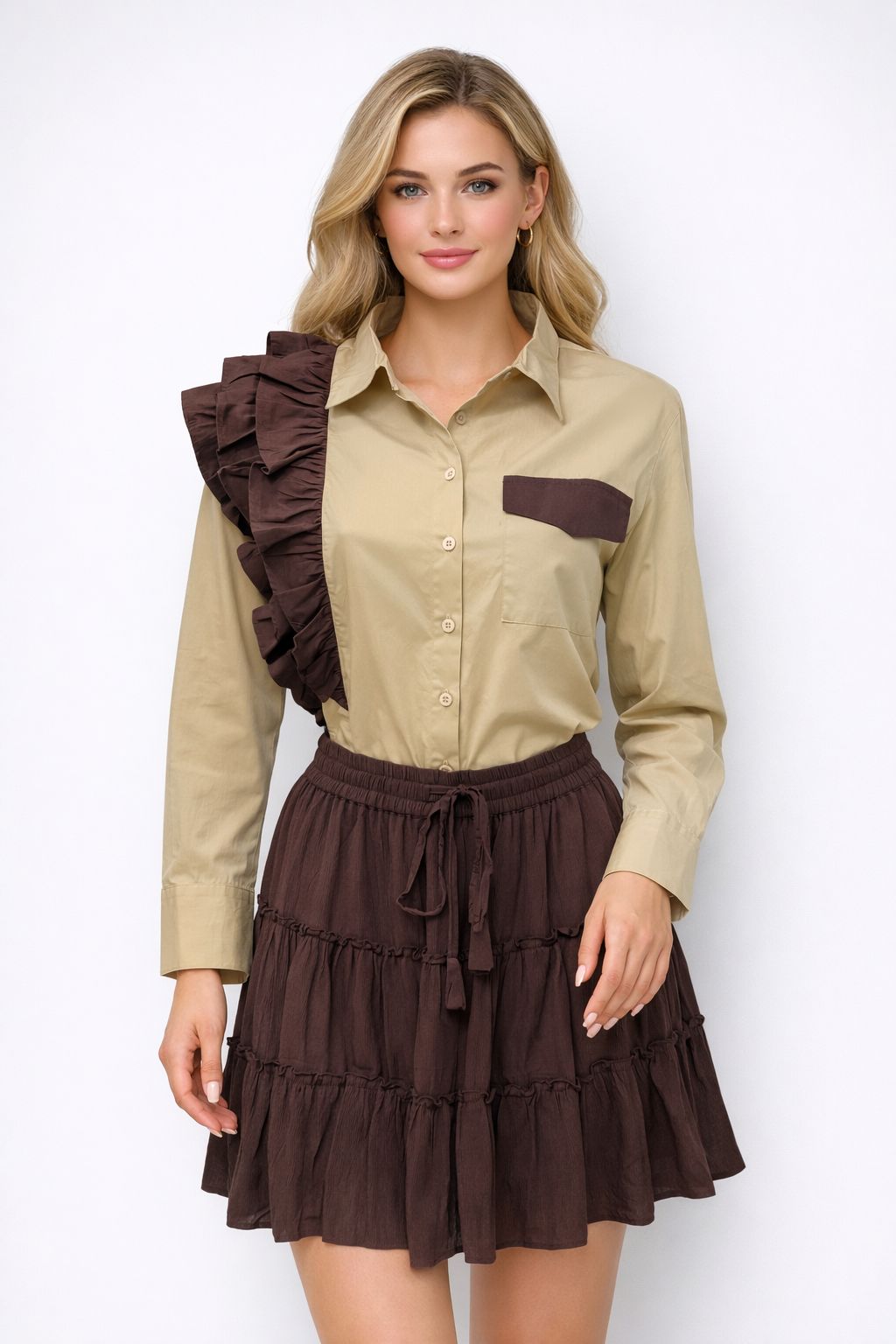 Two-Tone Ruffle Detail Shirt Dress