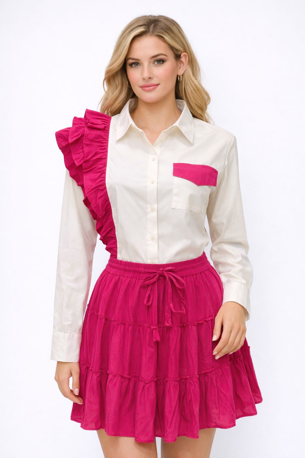 Ruffle Detail Shirt & Skirt Set – White & Fuchsia