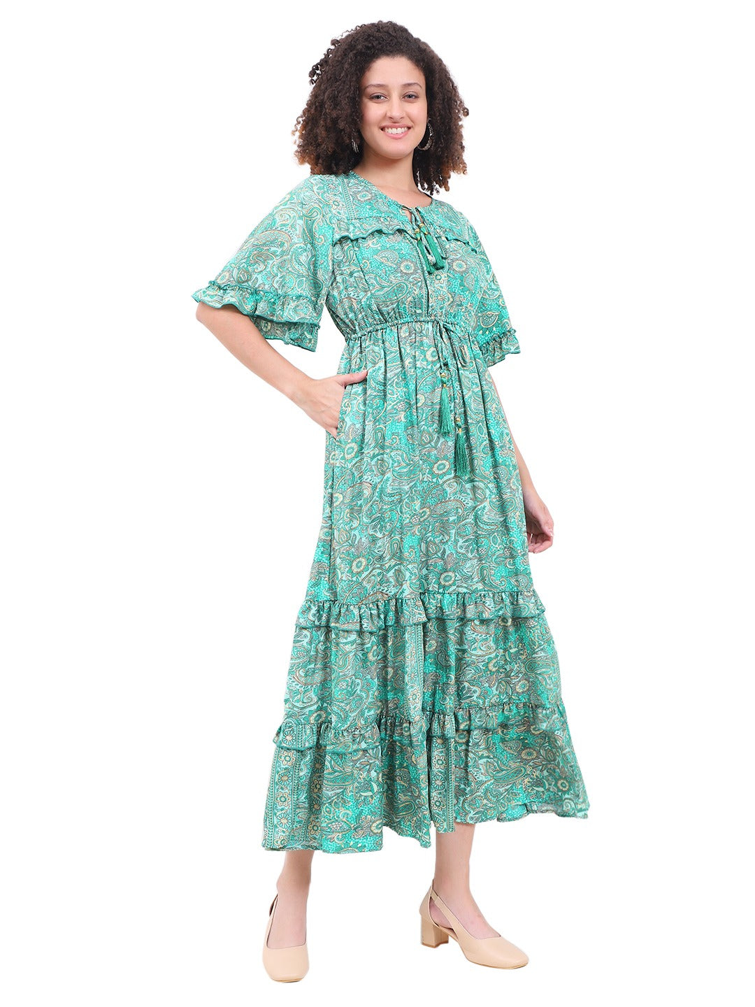 Emerald Paisley Boho Maxi Dress
