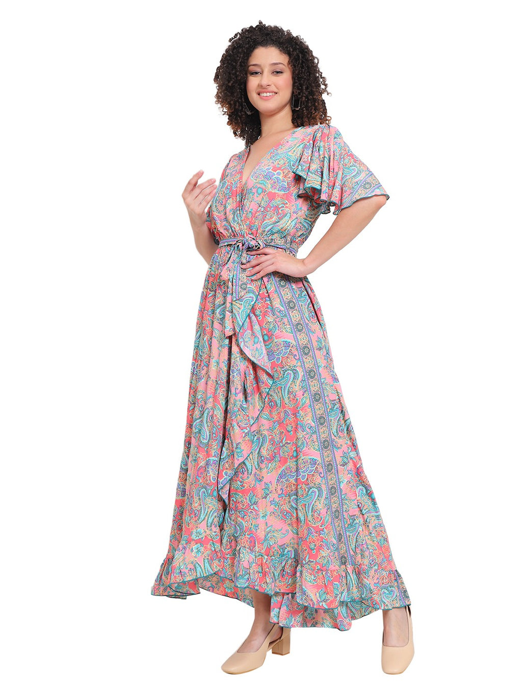 Paisley Maxi Wrap Dress – Pink Floral Print
