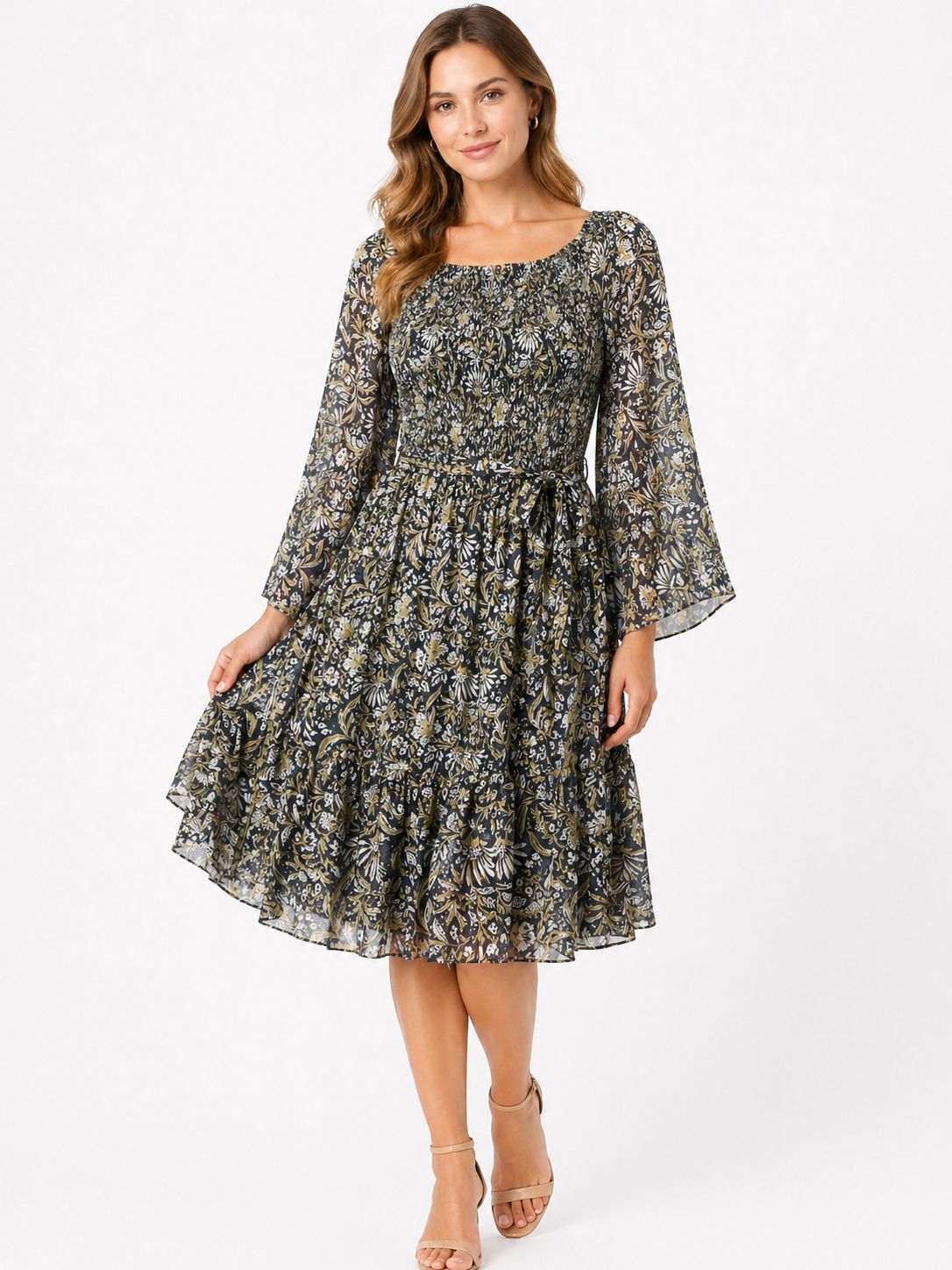 : Floral Boho Midi Dress with Bell Sleeves