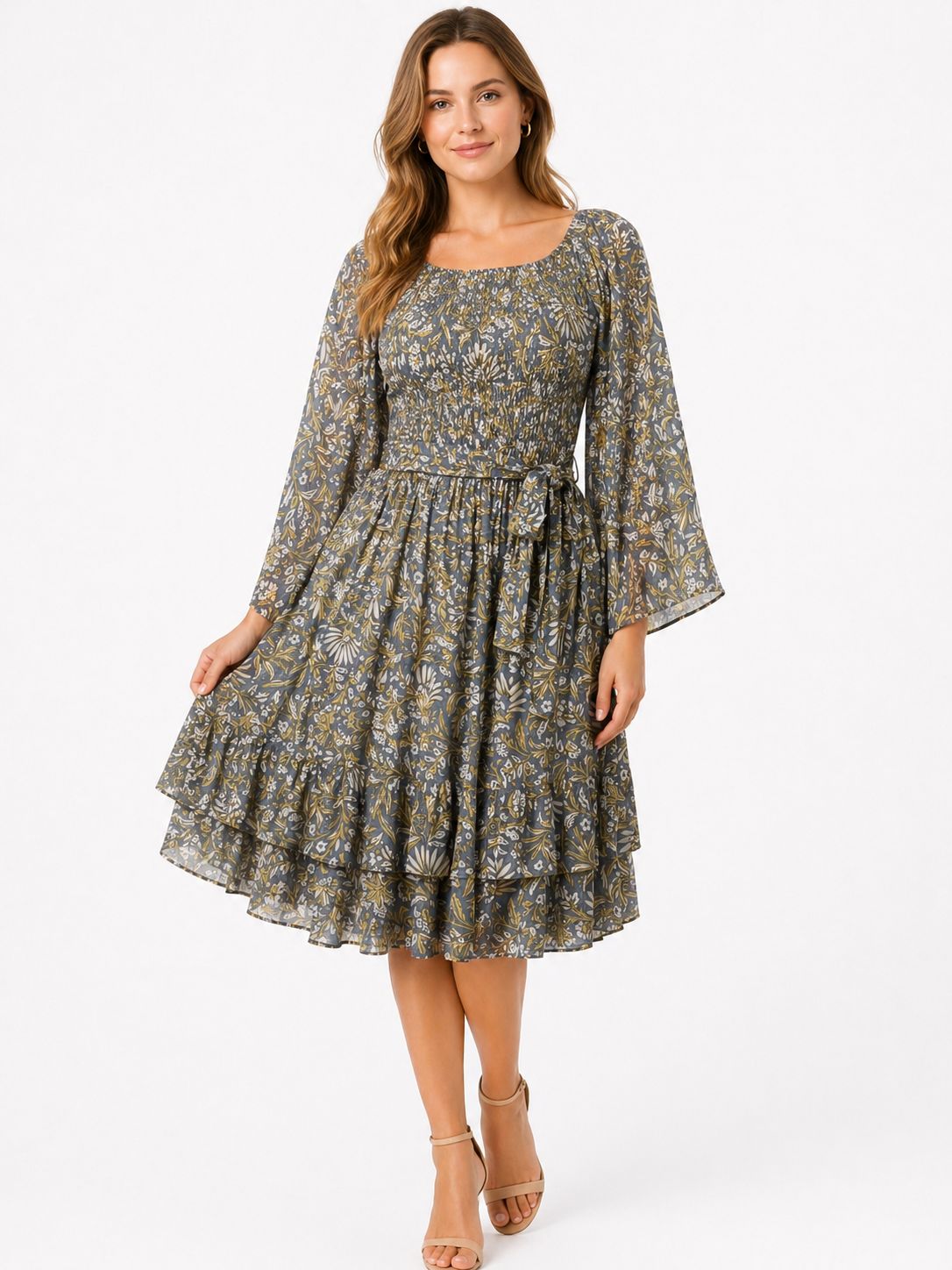 : Floral Boho Midi Dress with Bell Sleeves