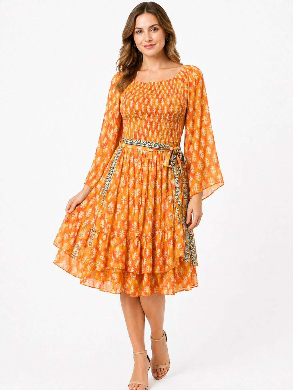 : Floral Boho Midi Dress with Bell Sleeves
