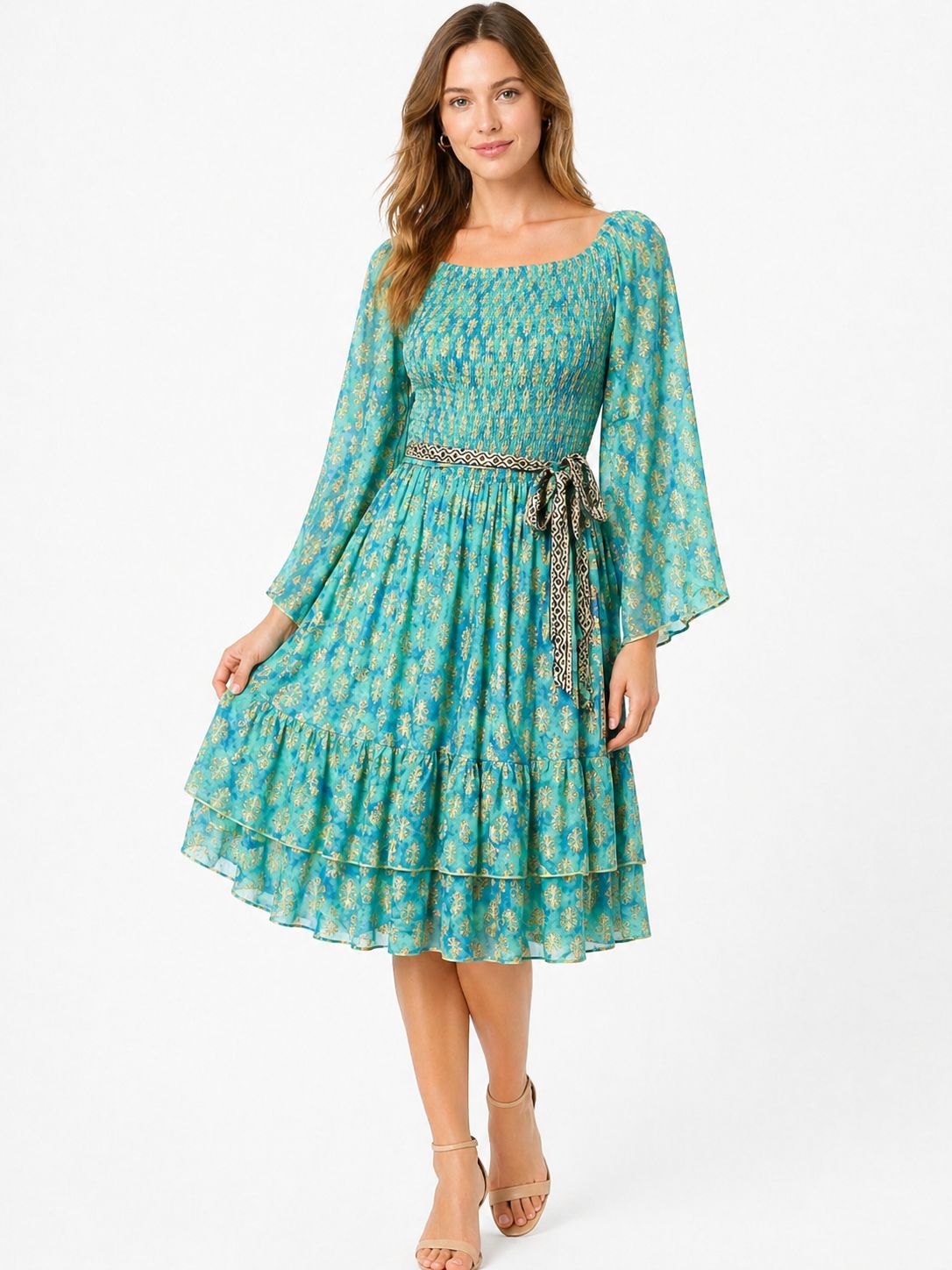 : Floral Boho Midi Dress with Bell Sleeves