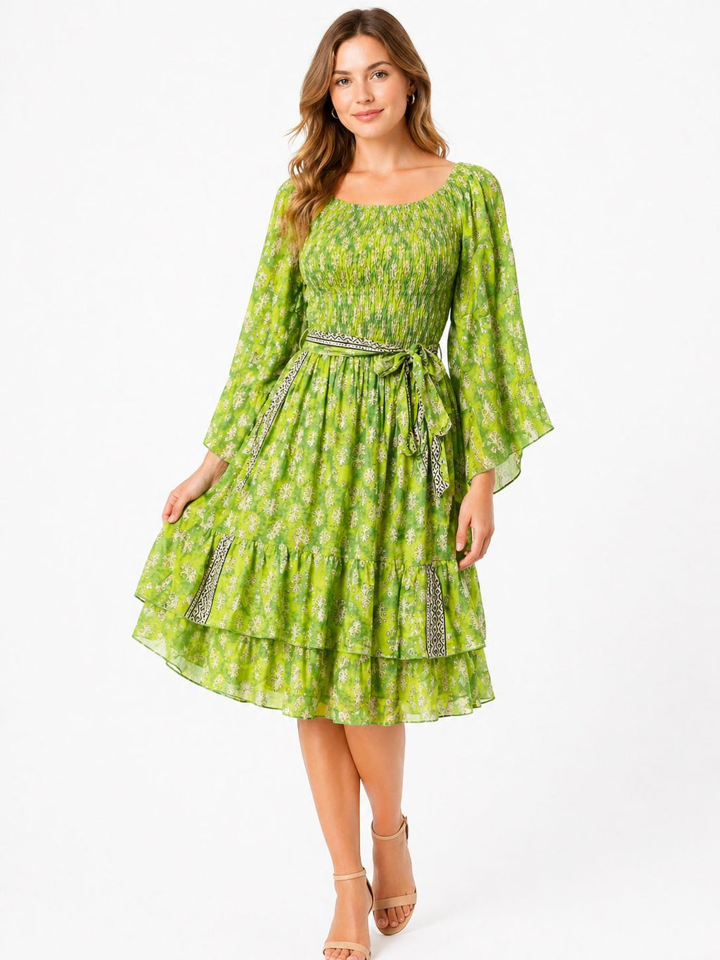 : Floral Boho Midi Dress with Bell Sleeves