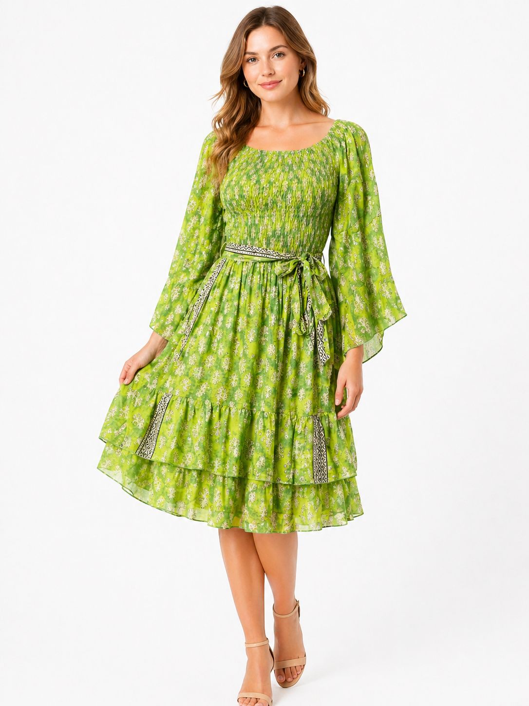 : Floral Boho Midi Dress with Bell Sleeves