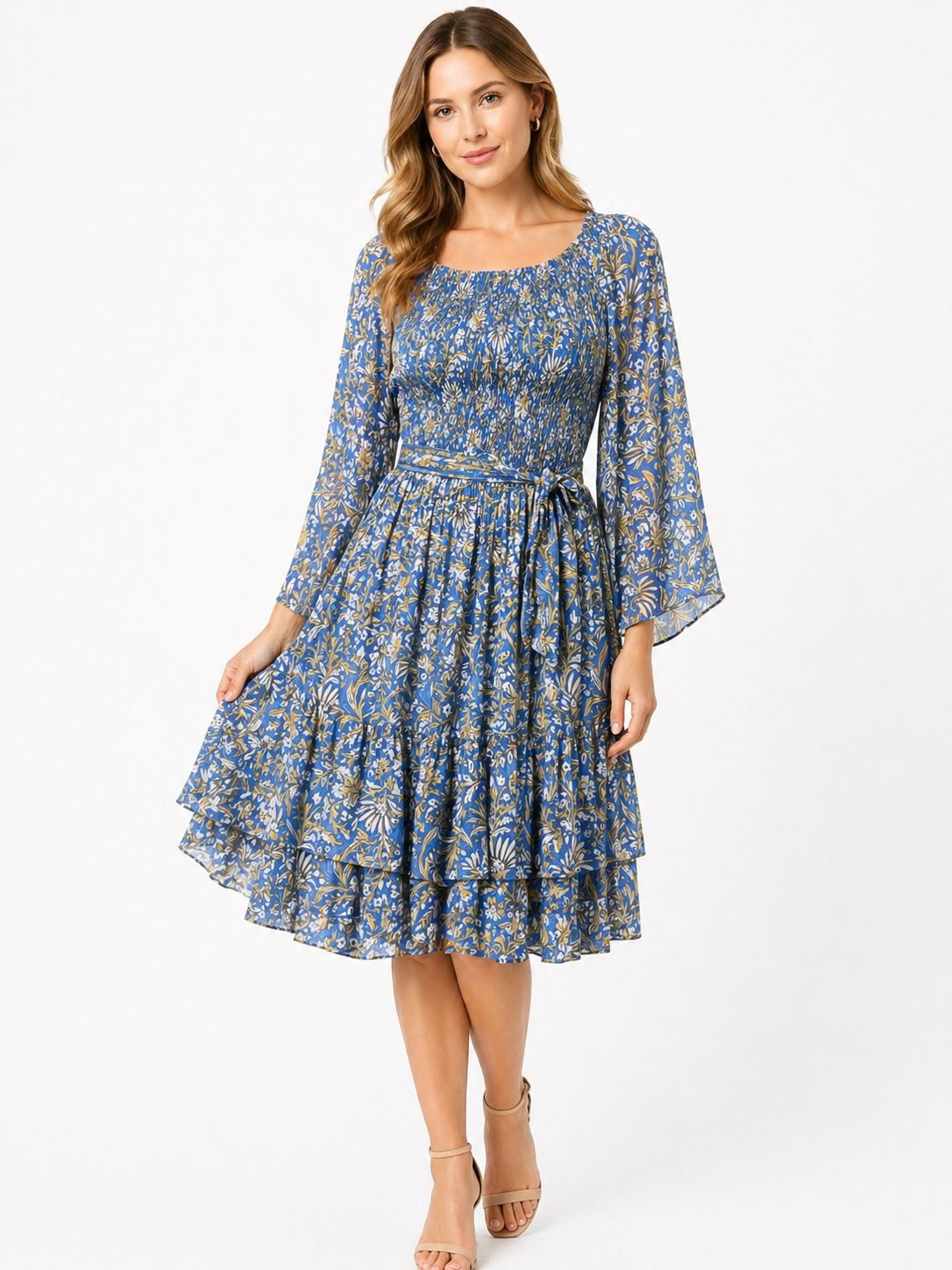 : Floral Boho Midi Dress with Bell Sleeves