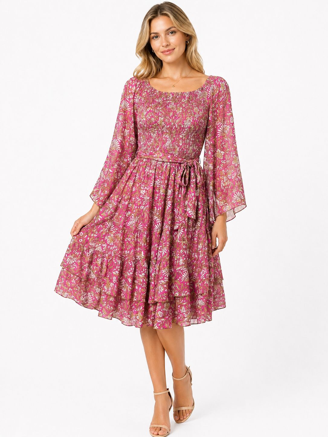 : Floral Boho Midi Dress with Bell Sleeves
