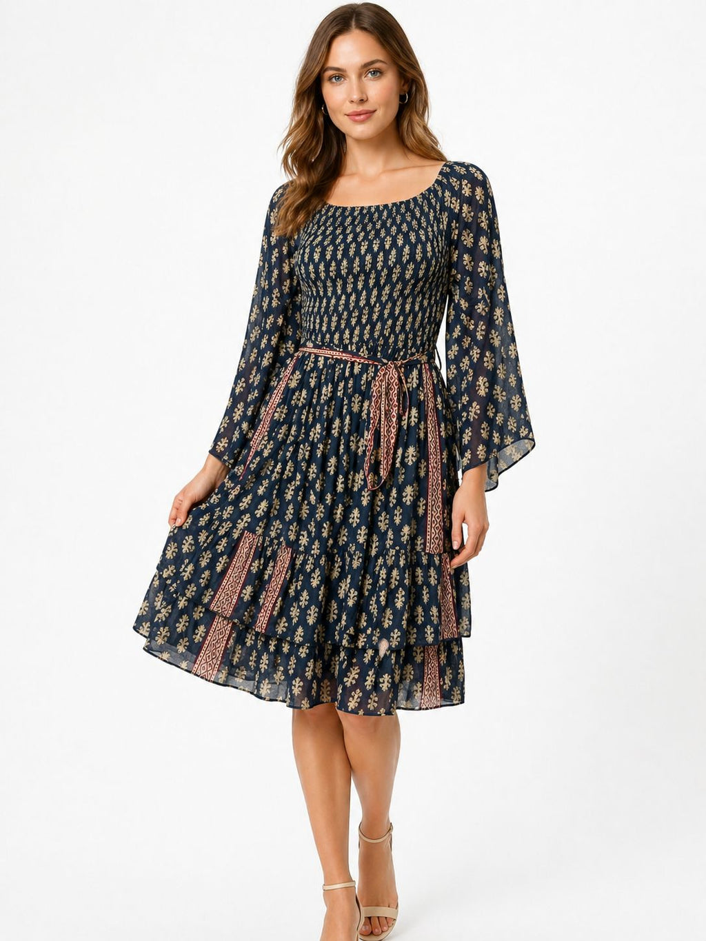 : Floral Boho Midi Dress with Bell Sleeves
