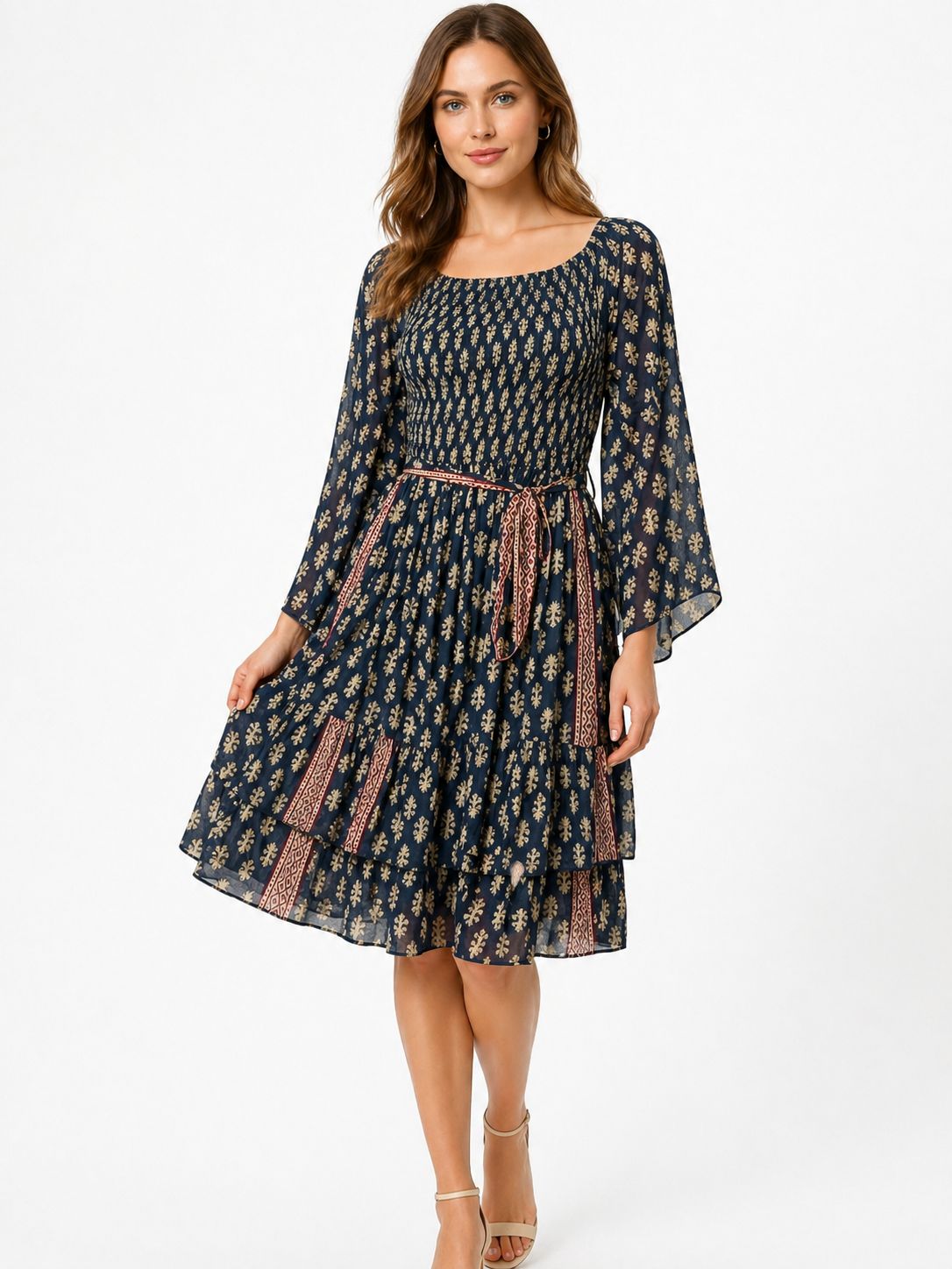 : Floral Boho Midi Dress with Bell Sleeves