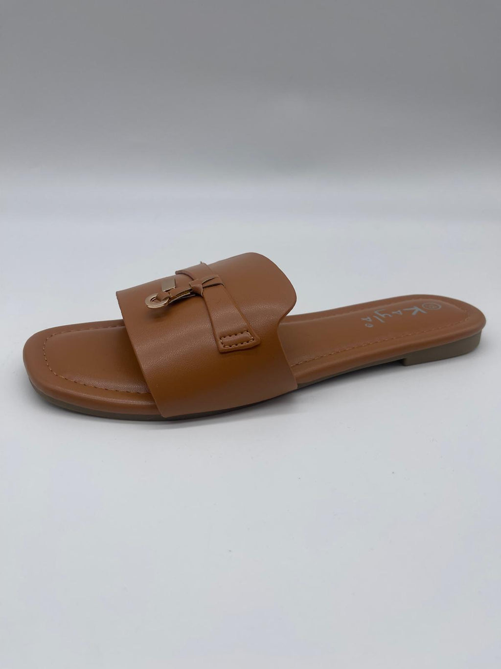 Flat Slide Sandals — Gold, Cognac & Cream