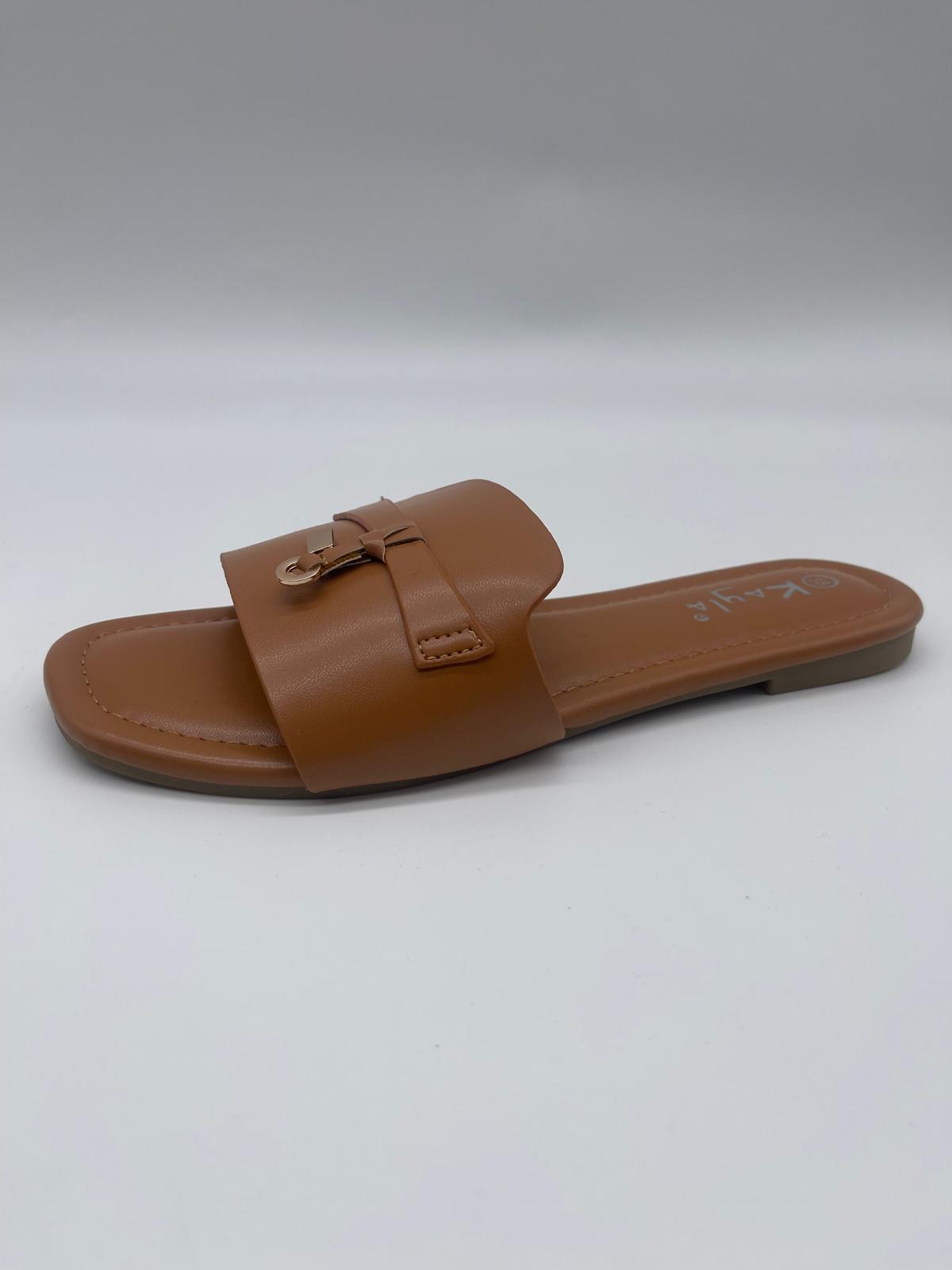 Flat Slide Sandals — Gold, Cognac & Cream