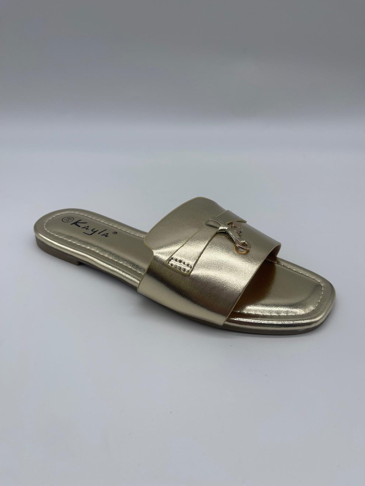 Flat Slide Sandals — Gold, Cognac & Cream