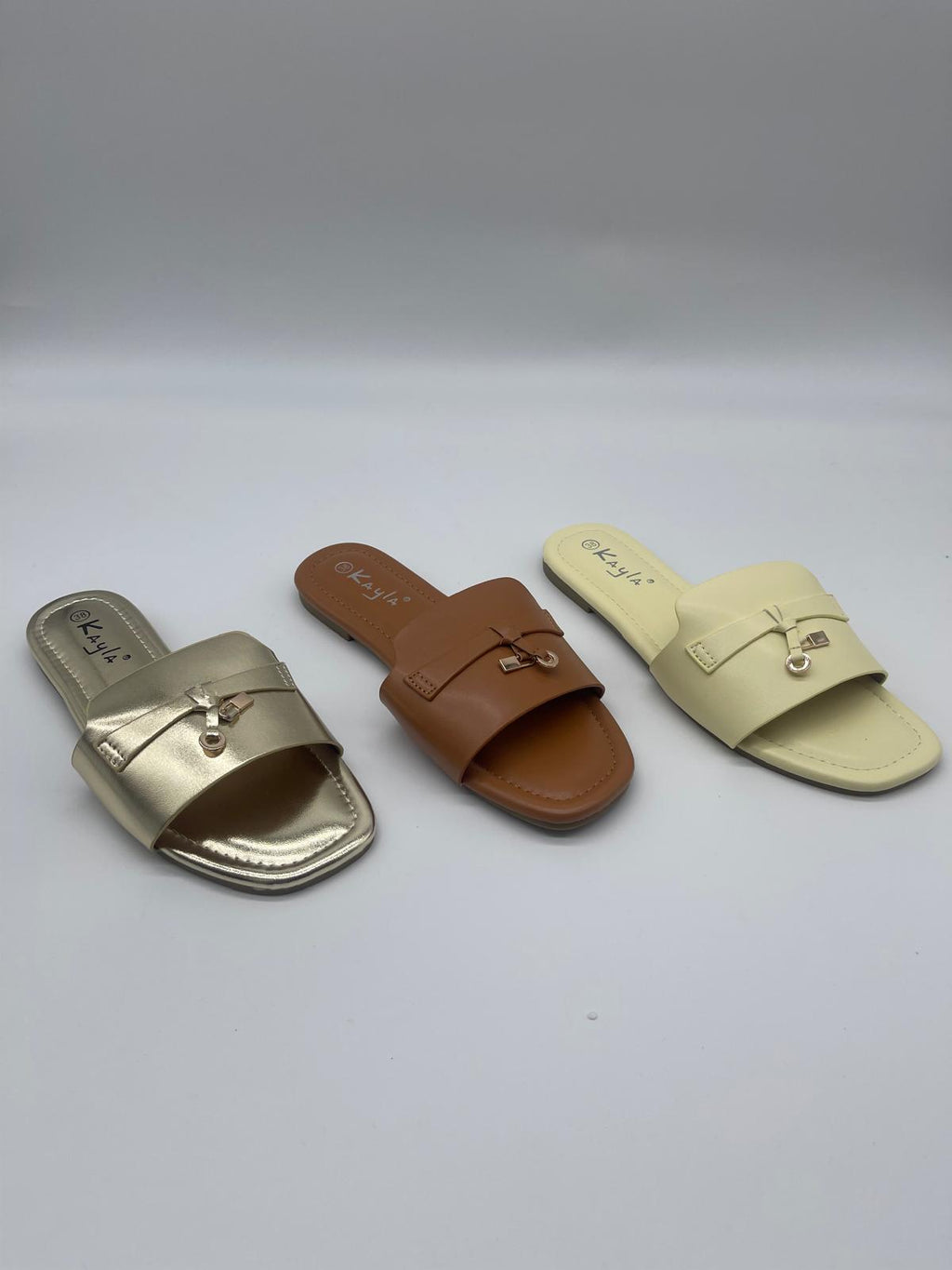 Flat Slide Sandals — Gold, Cognac & Cream