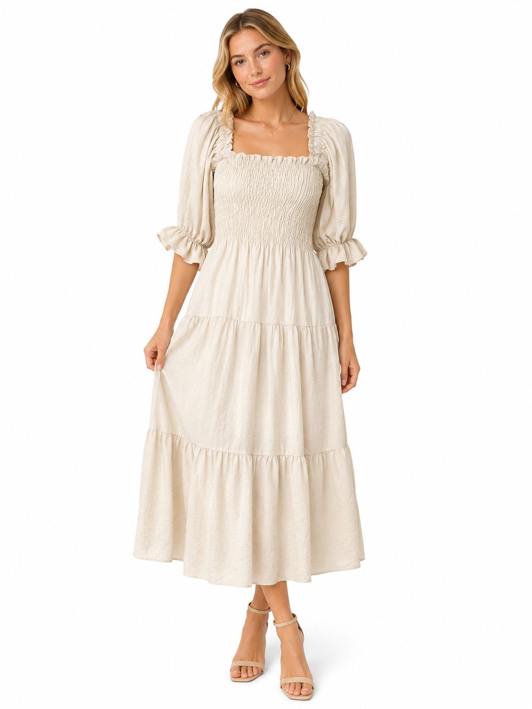 Smocked Tiered Maxi Dress – Puff Sleeve | Taupe / Cream / Yellow