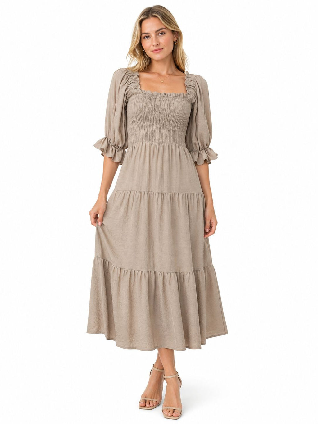 Smocked Tiered Maxi Dress – Puff Sleeve | Taupe / Cream / Yellow