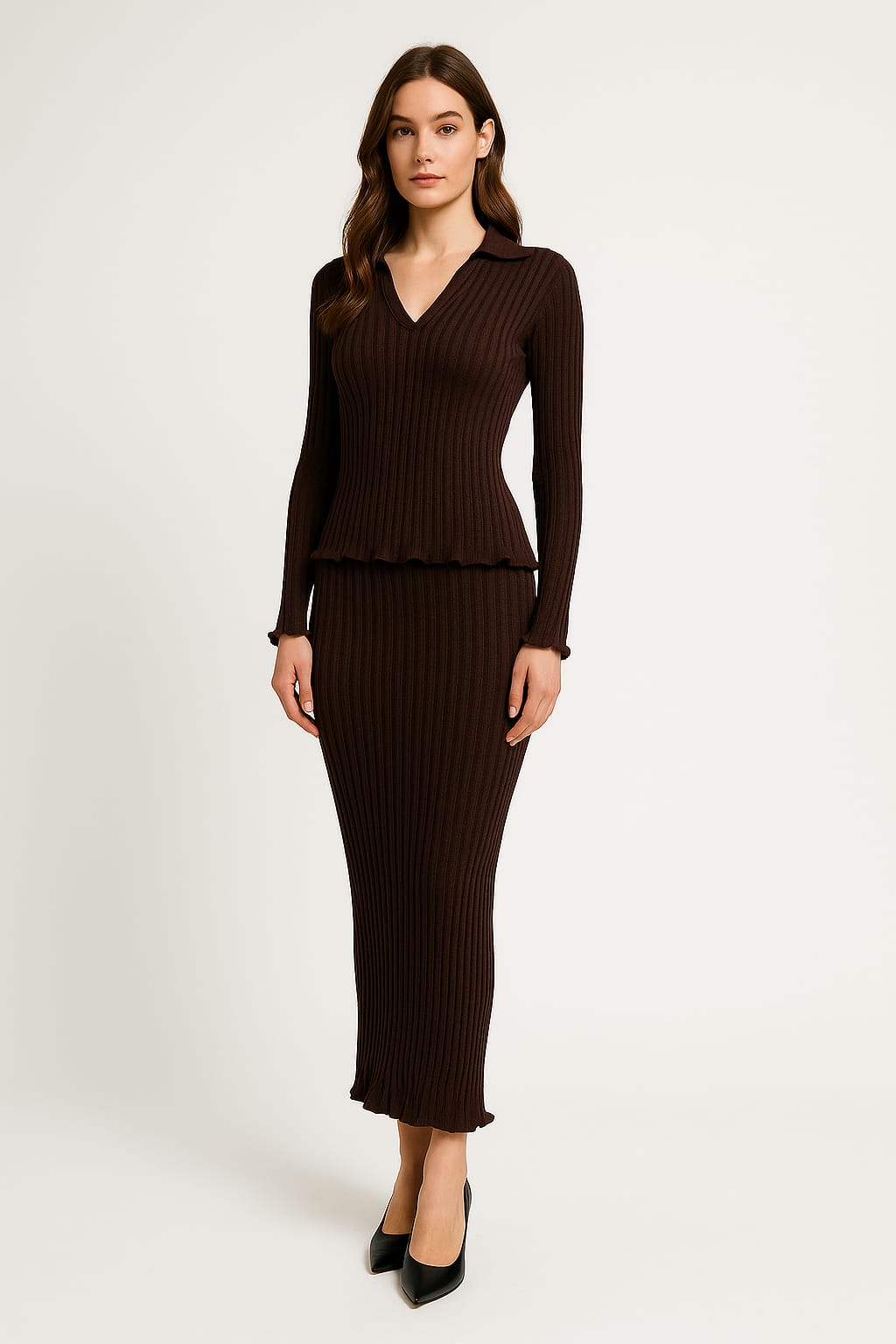 Elegant Chocolate Brown Ribbed Two-Piece Knit Dress Set