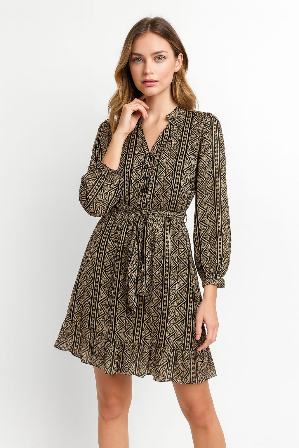 CJ Bohemian Print Ruffle Dress – Black & Beige