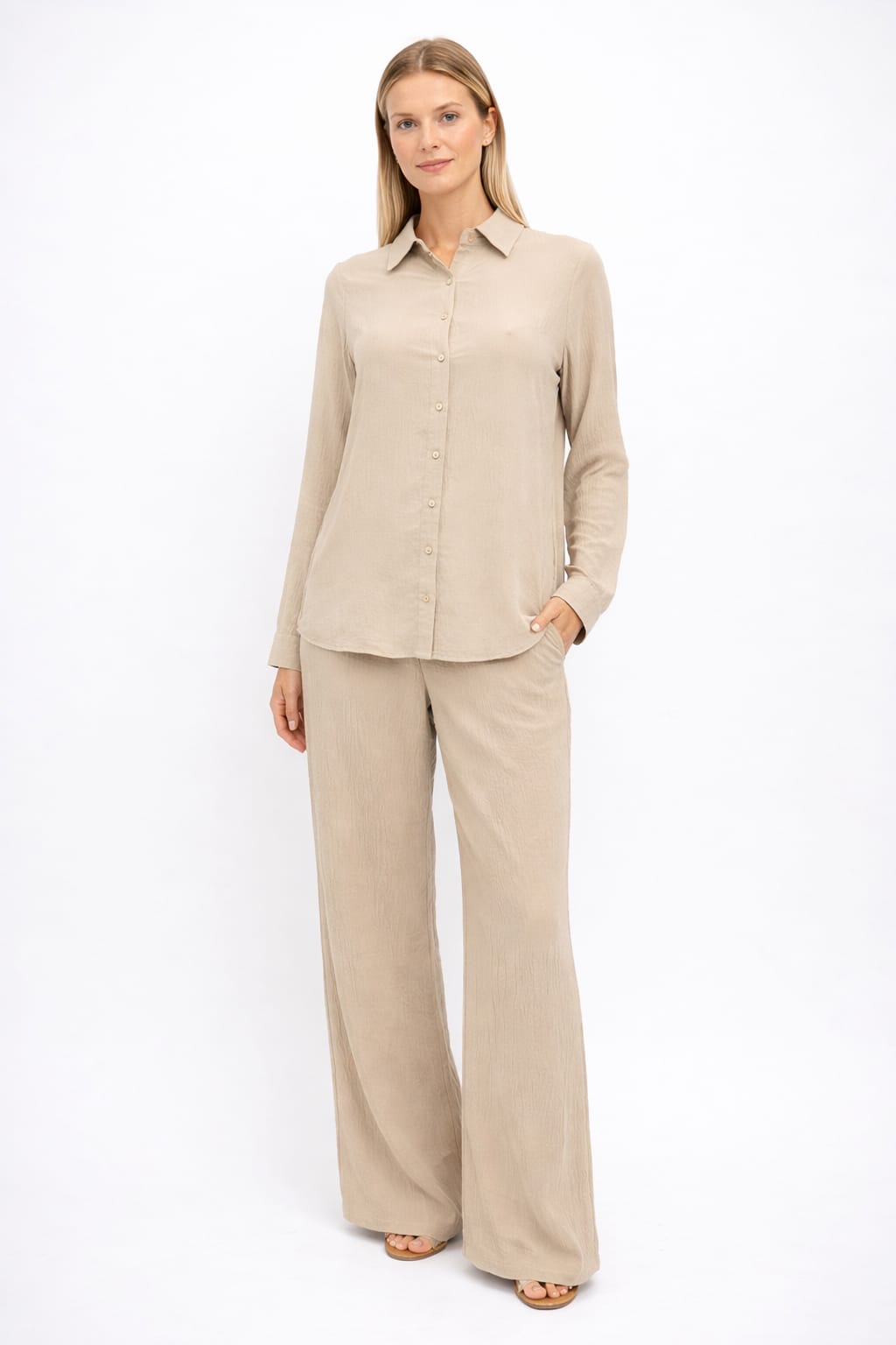 Women’s Two-Piece Set – Long Sleeve Shirt & Wide-Leg Pants (Beige)