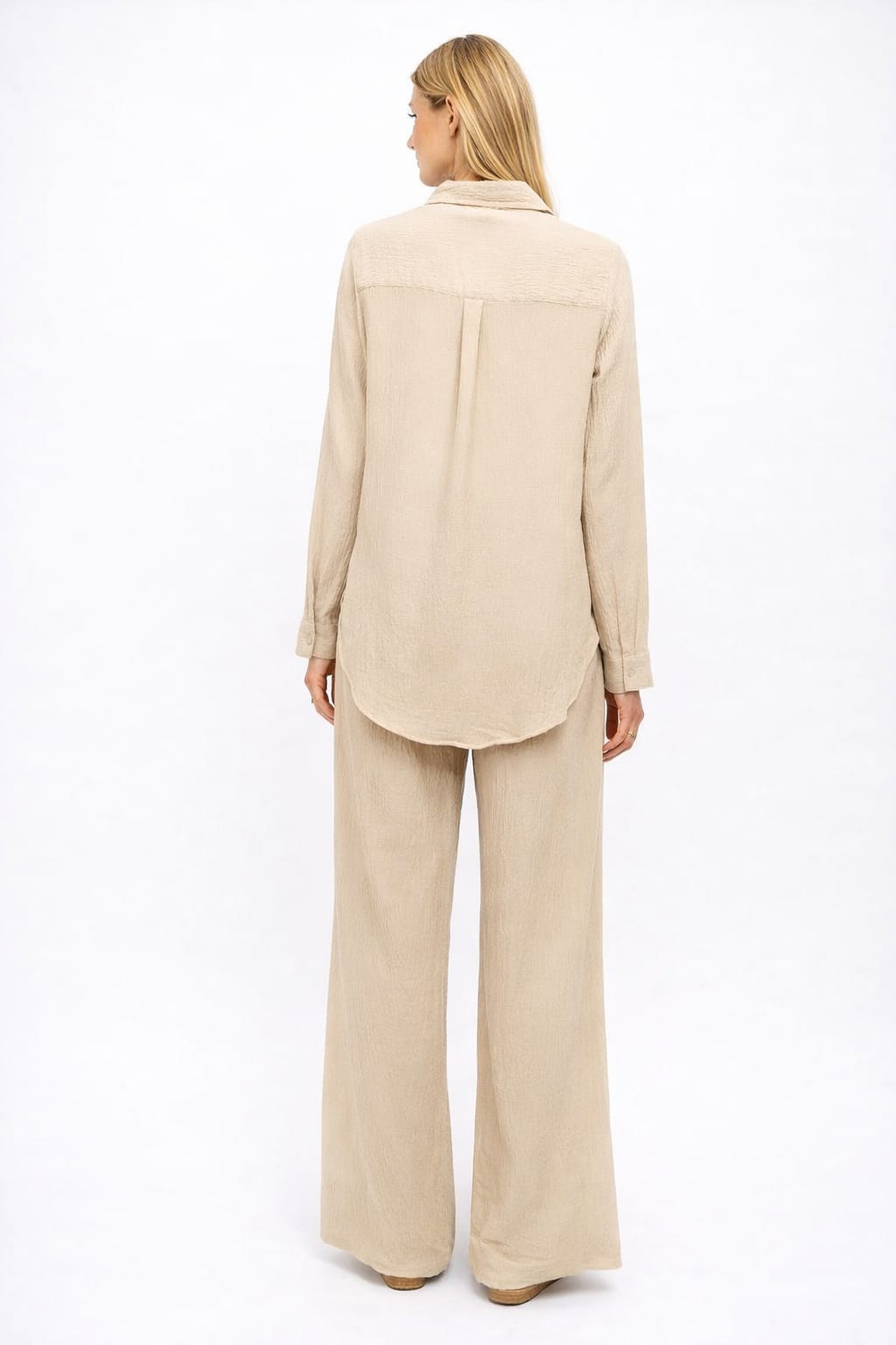 Women’s Two-Piece Set – Long Sleeve Shirt & Wide-Leg Pants (Beige)