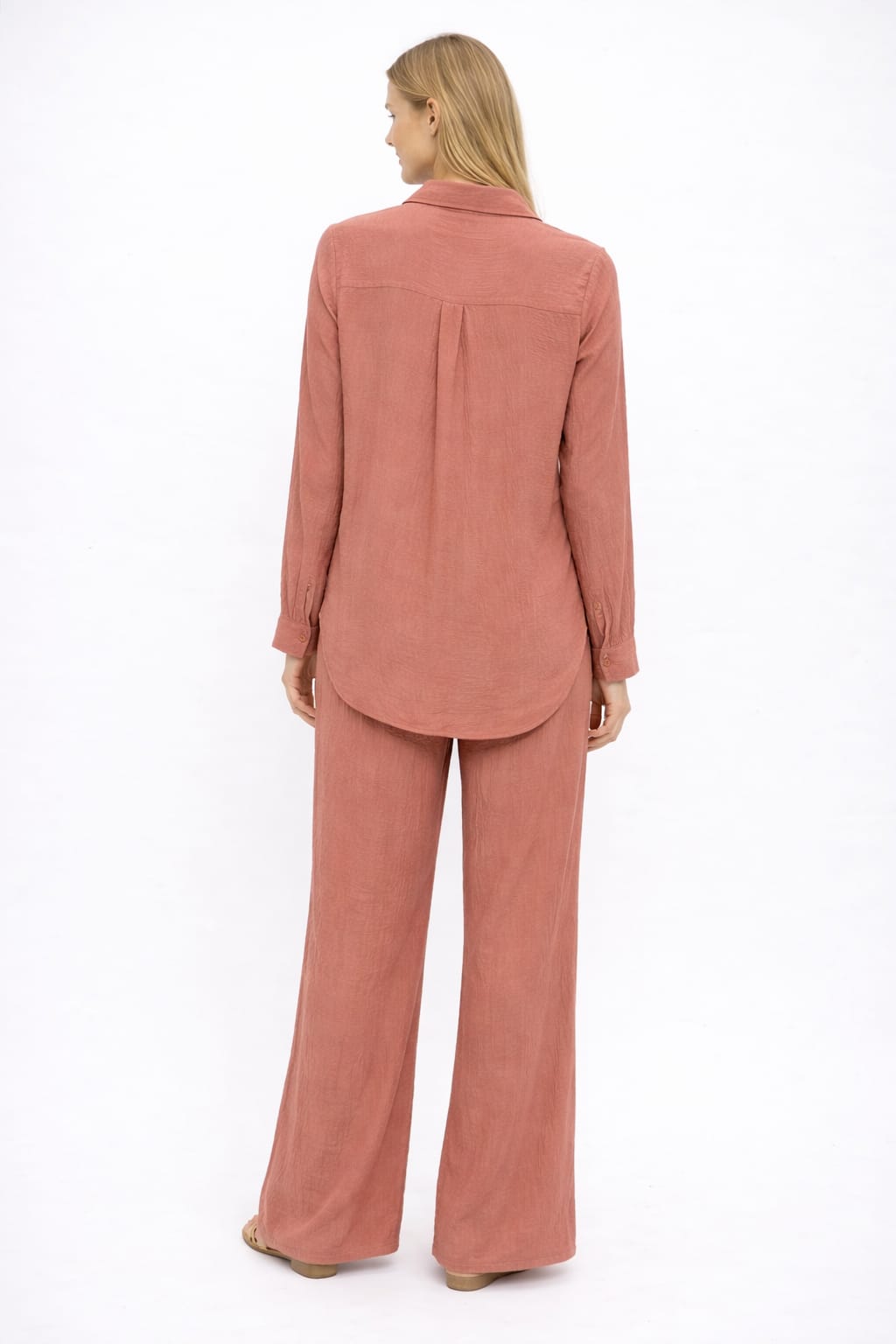 Women’s Two-Piece Co-Ord Set – Long Sleeve Shirt & Wide-Leg Pants (Dusty Rose)