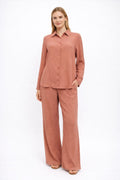 Women’s Two-Piece Co-Ord Set – Long Sleeve Shirt & Wide-Leg Pants (Dusty Rose)