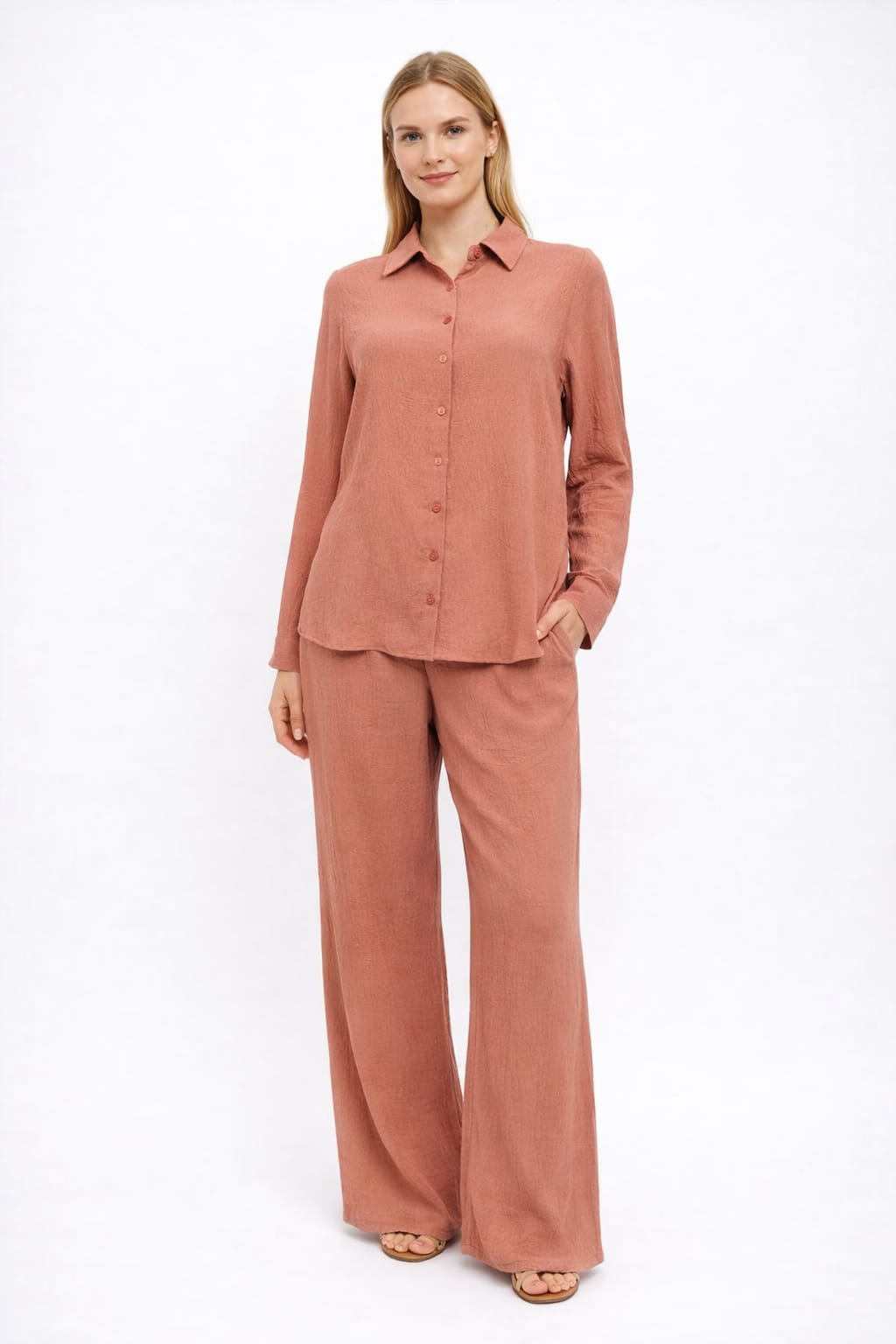 Women’s Two-Piece Co-Ord Set – Long Sleeve Shirt & Wide-Leg Pants (Dusty Rose)