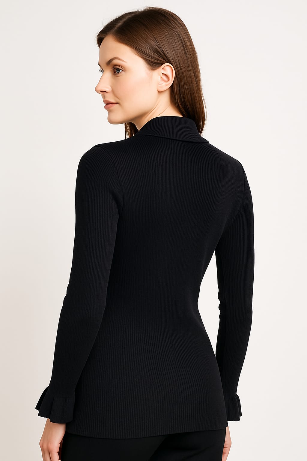 Black Ribbed Gold-Button Elegant Long Sleeve Top