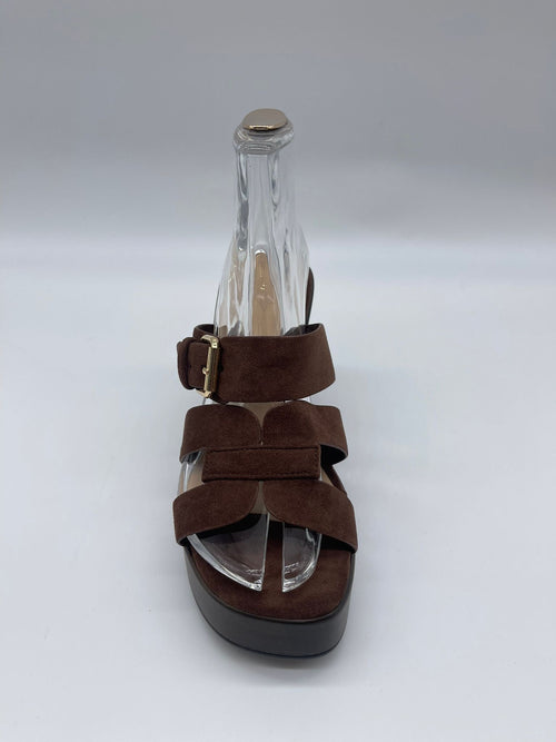 Brown Suede Wedge Sandal with Buckle