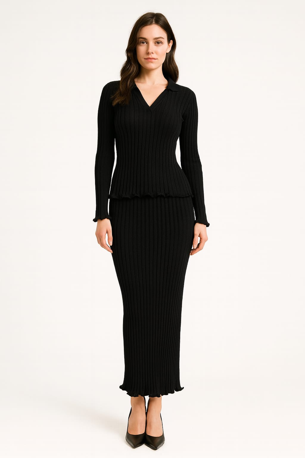 Elegant Chocolate black Ribbed Two-Piece Knit Dress Set