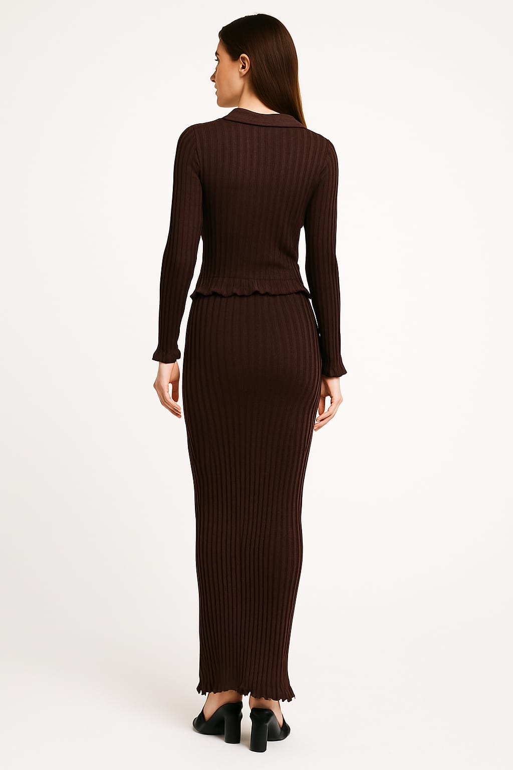 Elegant Chocolate Brown Ribbed Two-Piece Knit Dress Set